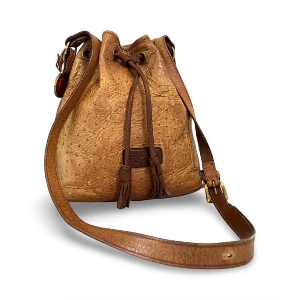 D & B Distressed Vintage Ostrich Embossed Whiskey Leather Drawstring Bucket Bag
